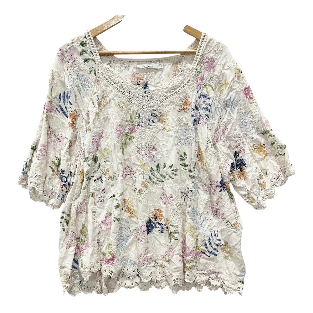 Solitaire Women's XL Floral Embroidered Crochet Lace Boho Peasant Blouse